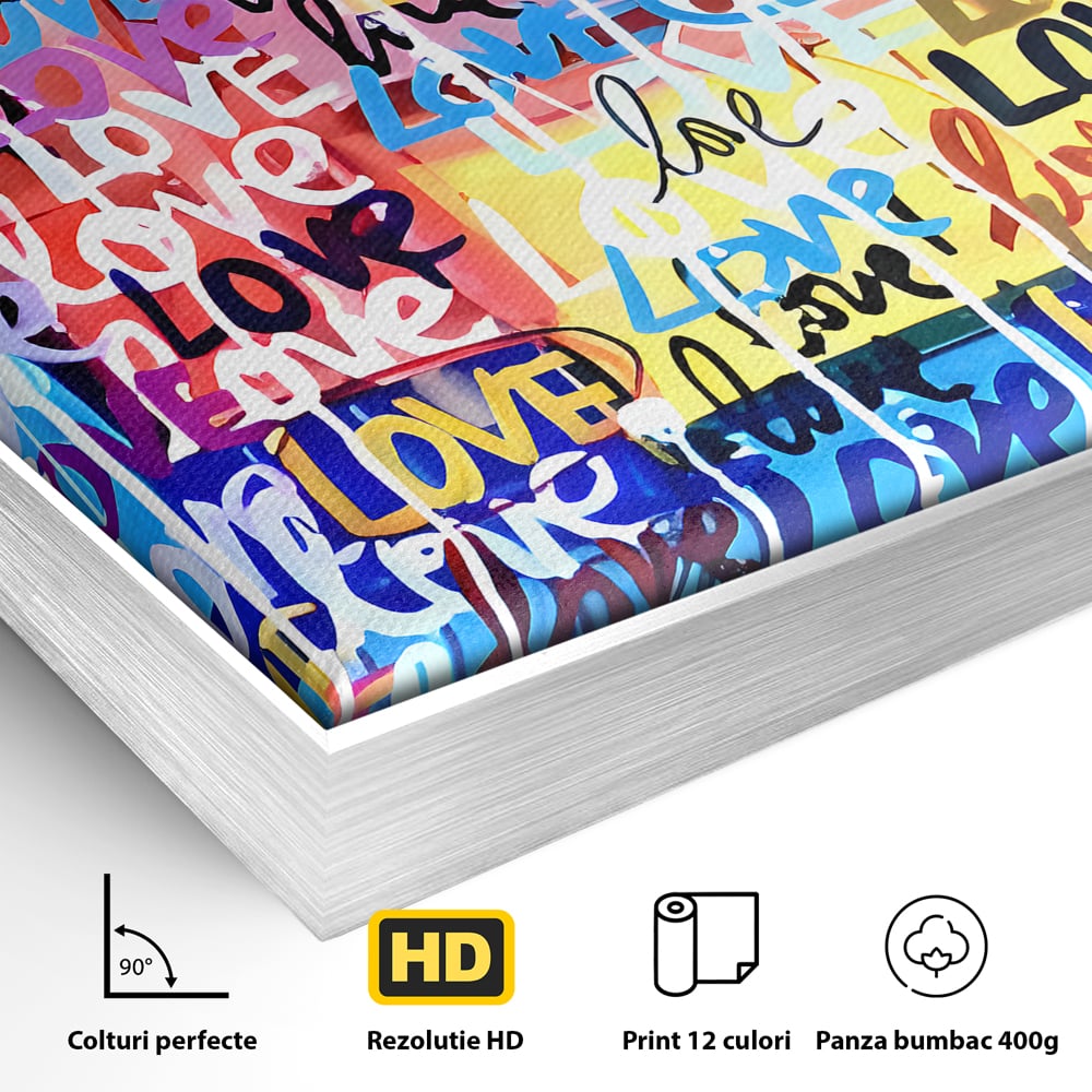 Detaliu al suprafetei: tablou canvas cu graffiti colorat si cuvantul love, in rama de aluminiu argintiu
